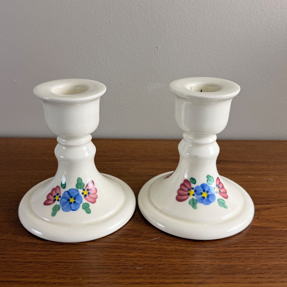 Vintage Hand Painted Floral Ceramic Candlestick Holders Pair White Cottagecore